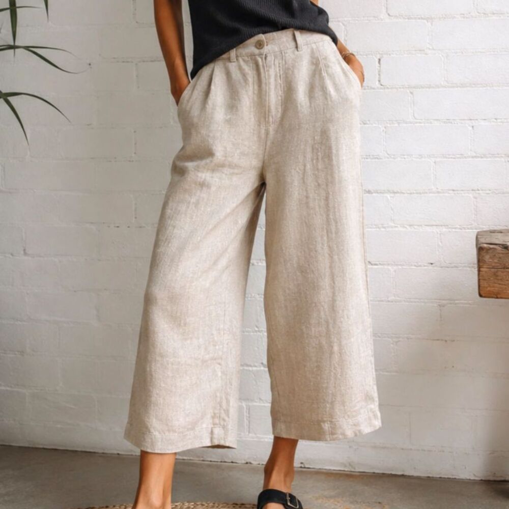 Cottage, Boho, Coastal Grandma100% Linen Crop Wide Leg Pants Pull On Pockets L